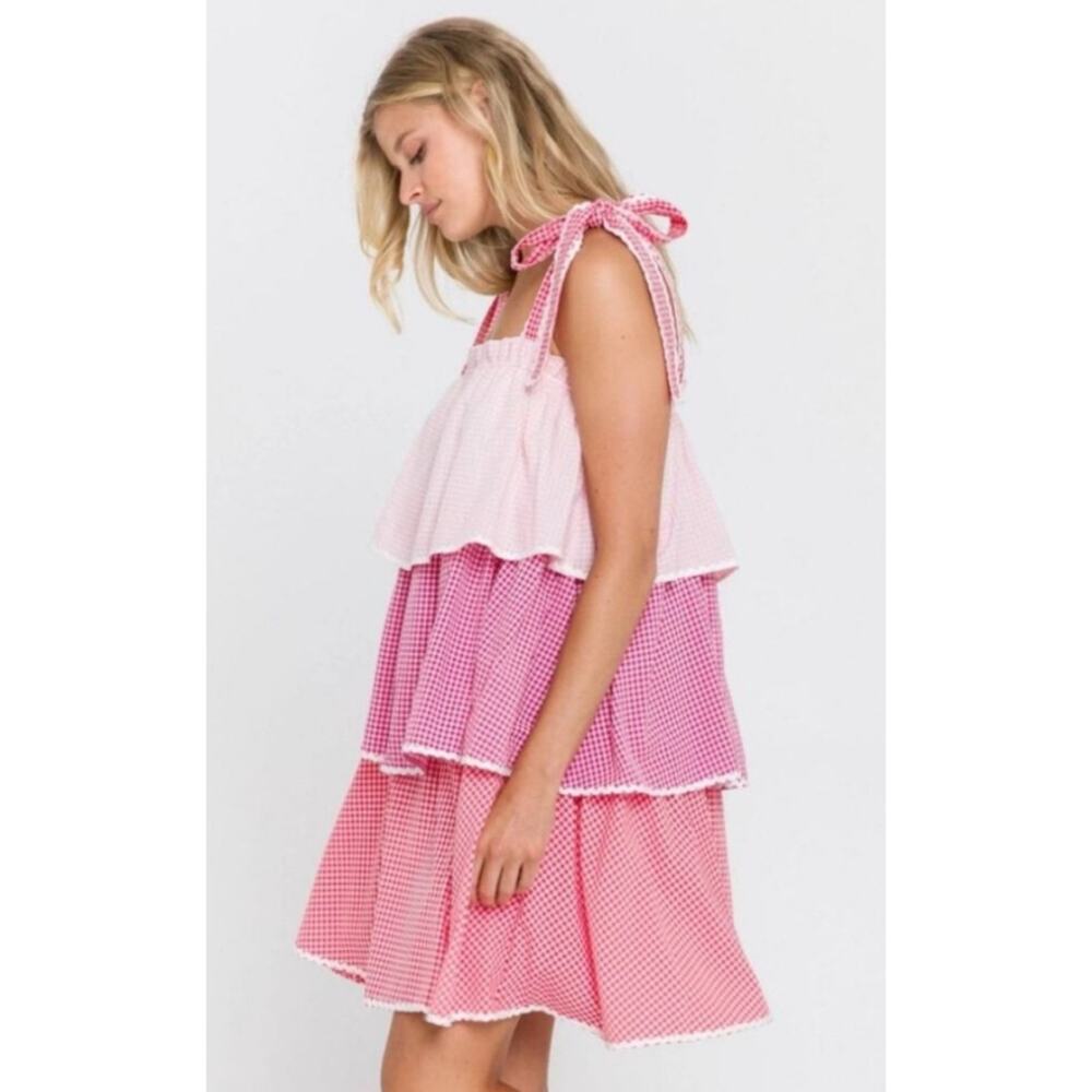 English Factory Pink Red Tiered Gingham Swing Dress S NWT